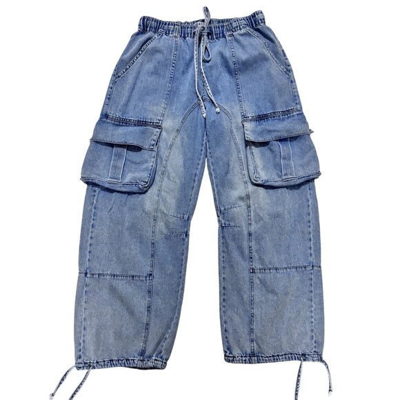 Womens Small Blue Denim Cargo Pants Drawstring Waist Baggy Retro Y2K Skater - Picture 1 of 9